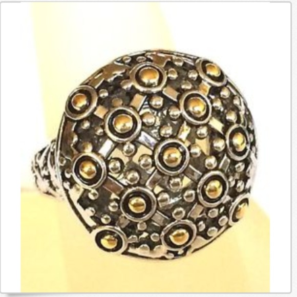 Art Deco Boho Cocktail Ring Size 5 Bohemian Two tone Dome Gold Silver Plated - Picture 6 of 8